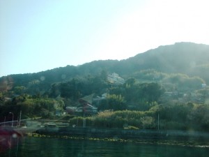 連絡船から見えてきた柱島小中学校の校舎。高いところにあります。