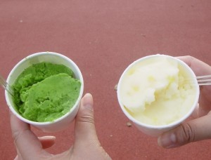 道の駅「おふく」出店の栗のシャーベットとほうれん草のシャーベット